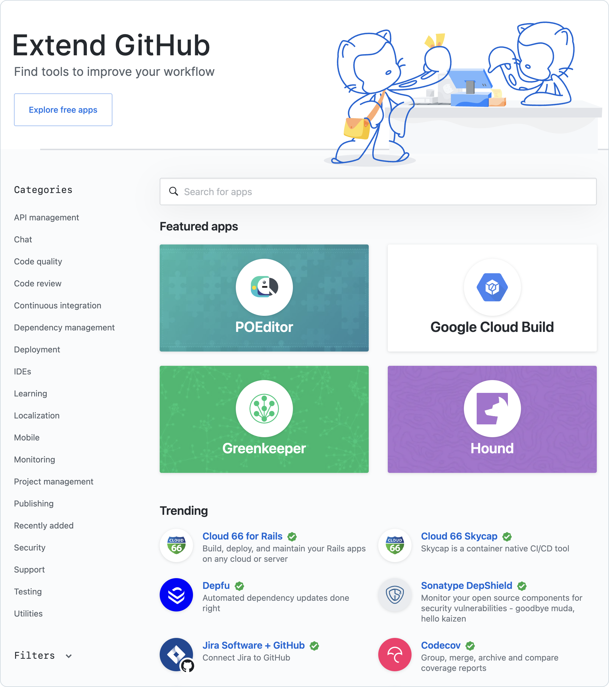 This image shows an index page for an app marketplace. At the top there is a decorative header with a search bar. On the left there is a sidebar menu with categories such as 'API management', 'Chat', and 'Code quality'. At the top of the main area there is a section called 'Featured Apps' that has four applications displayed on large colorful tiles. Below this, there's a section called 'Trending'. Here there's a simpler list of apps displayed in a two-column grid.