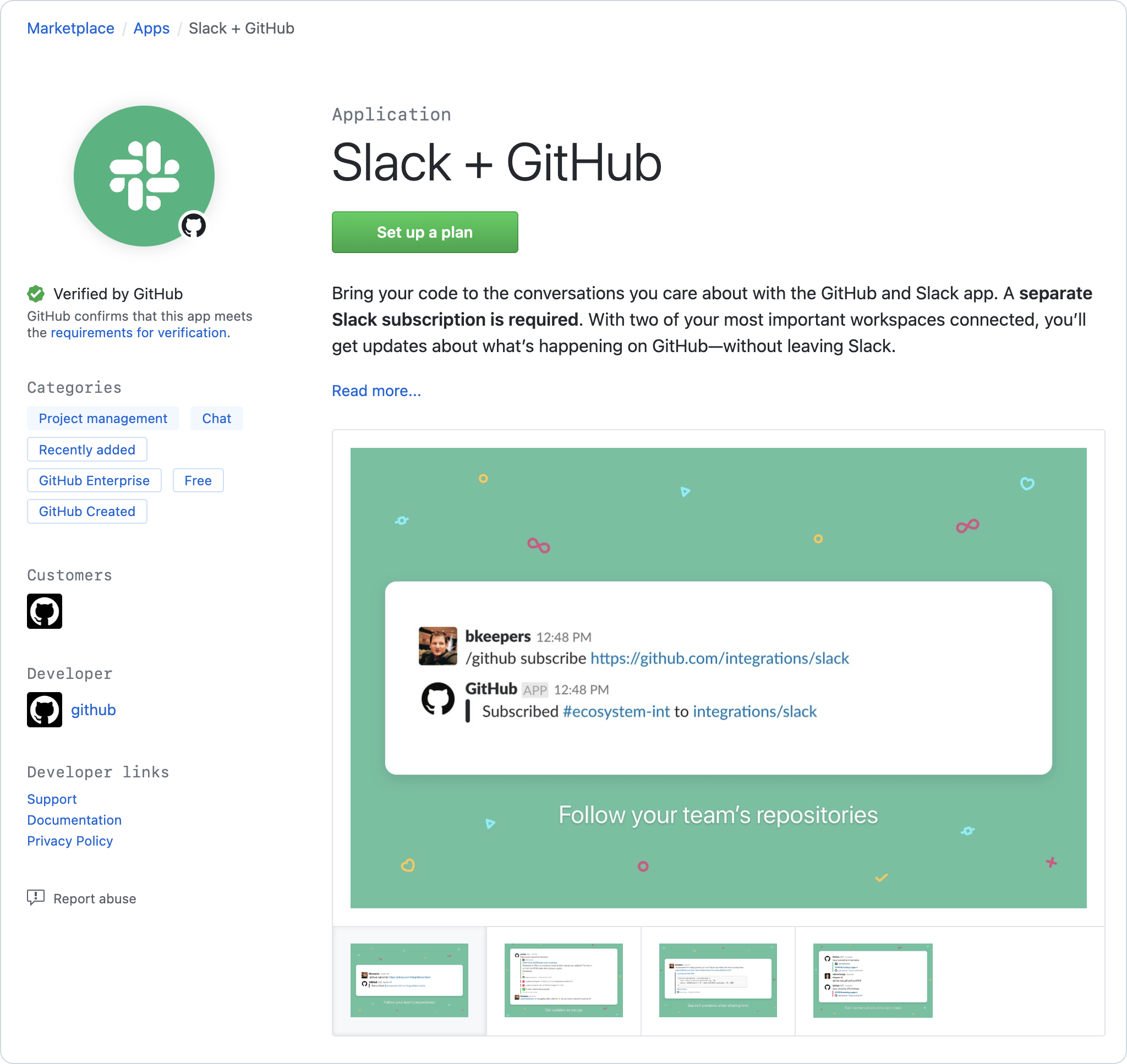 This image shows a marketplace listing for the application 'Slack+GitHub'. There's a big call to action button that says 'Set up a plan'. On the left there's an avatar for the app, a 'verified by GitHub' line, and some additional metadata. The main section is on the right. It has a longform application description and an image gallery.