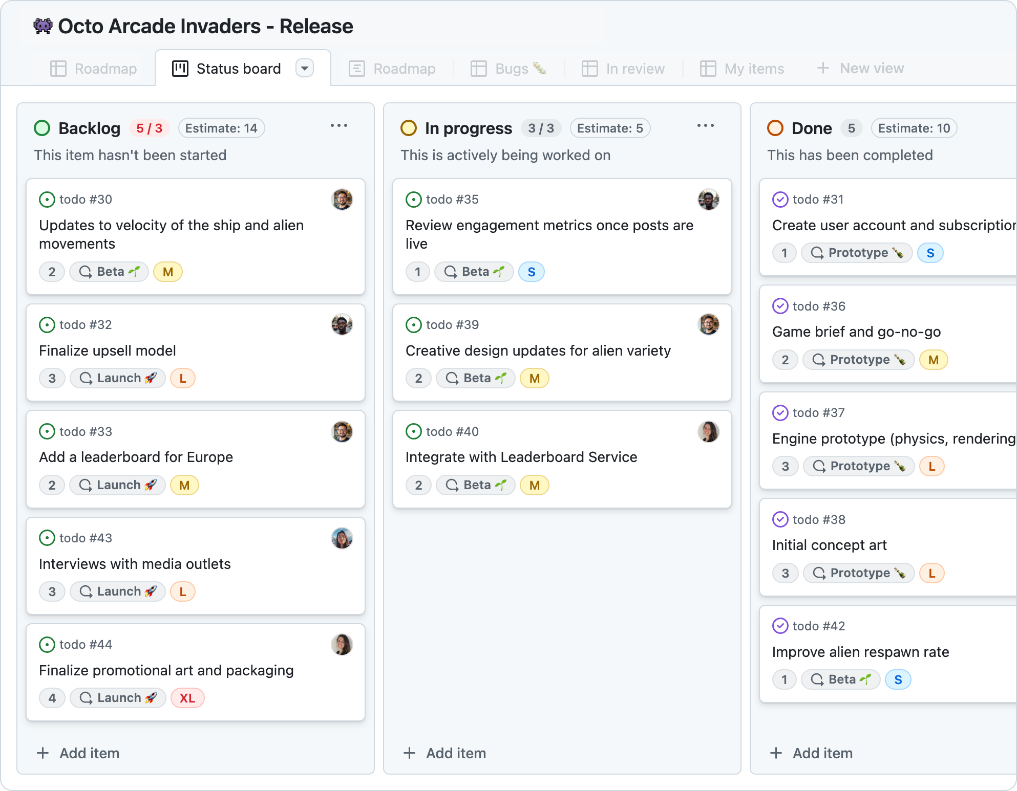 This is a project management board view. It has three columns 'Backlog', 'In progress', 'Done'. Each column has tasks displayed as cards. Each card has the title and assorted metadata.