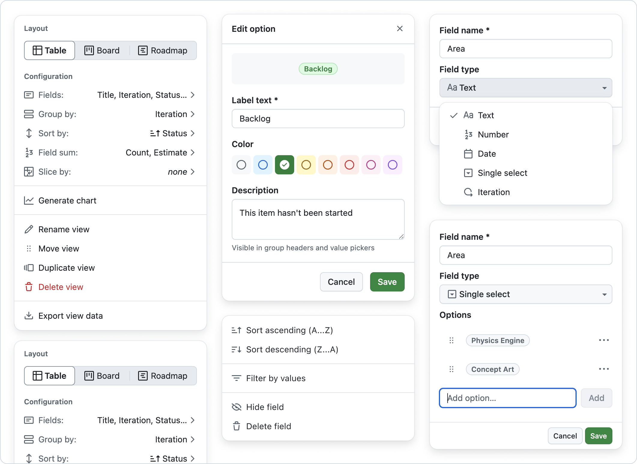 This images shows some assorted popover menus from GitHub Projects. 'Layout' for configuring view settings and choosing between table, board, and roadmap layouts. 'Edit option' for configuring enum options and choosing a color. There is a column menu for sorting, filtering, or hiding the column. There are also two menus that show moments from creating a custom field. A custom field can be 'text', 'number', 'date', 'single select', or 'iteration'