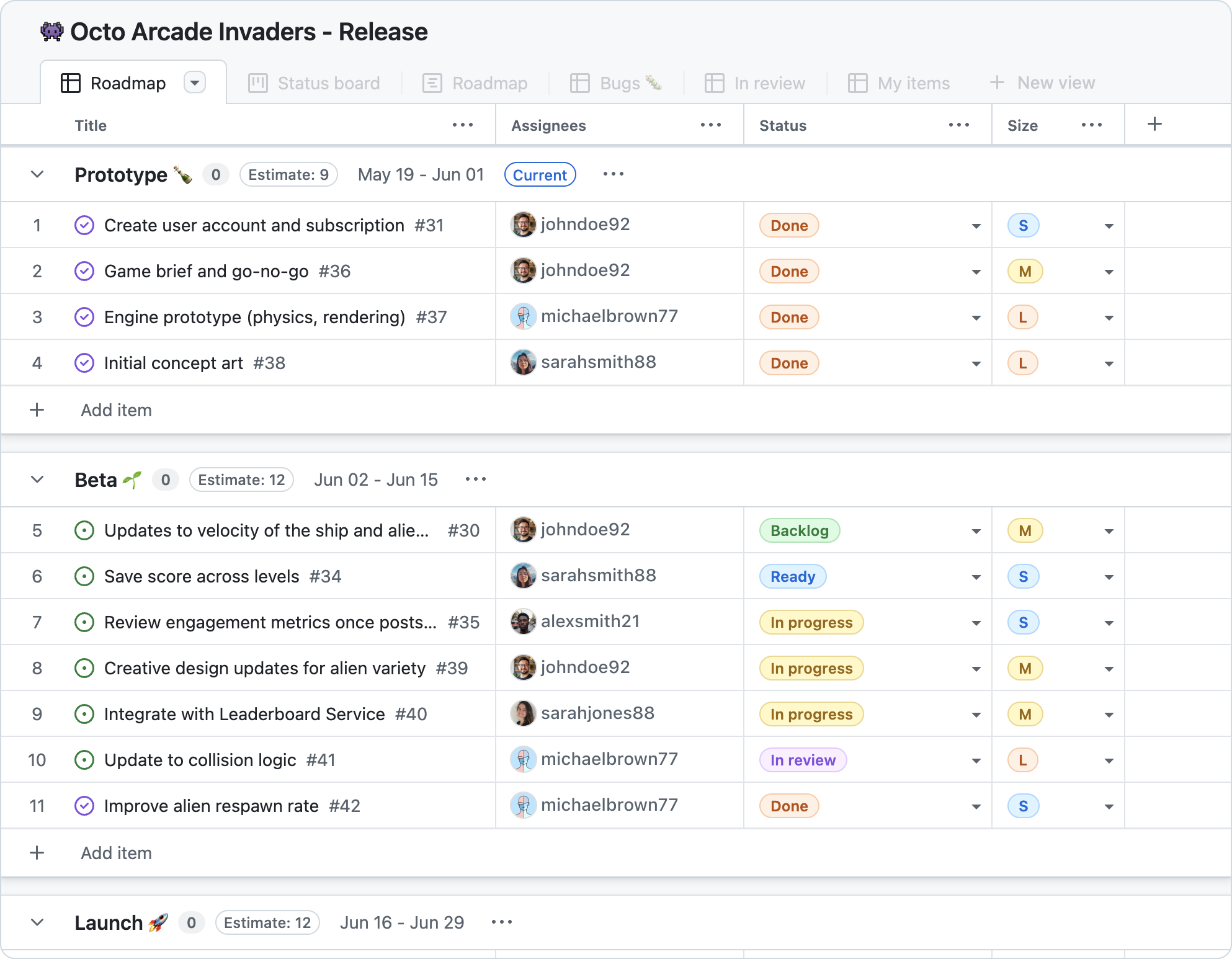 This image shows a project management table for 'Octo Arcade Invaders - Release'. It is divided into three sections 'Prototype', 'Beta', and 'Launch'. Each task has a cell for 'Assignees', 'Status', and 'Size'.