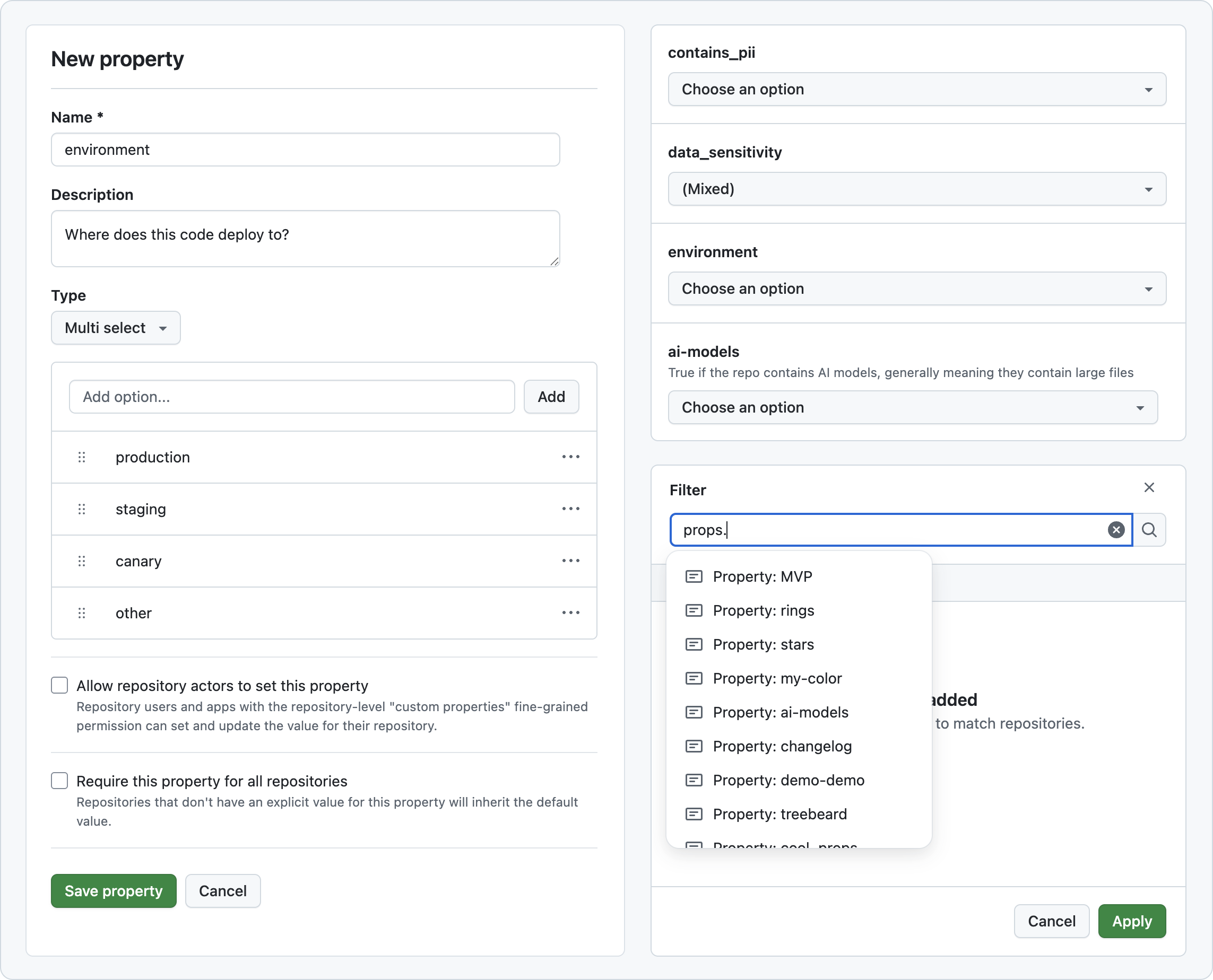 This image shows three different pieces of the Repository Properties UI. First there's a 'New property' form with fields for name, description, and type. 'Multi-select' is selected as the type, and there is a list below to add multi-select value options. Second, there is a form for setting property values on a repository. It's a list of four properties. Each property label has a dropdown button underneath it that can be used to select a value. Third, there is a filter dialog. The dialog has a filter input a the top. The input is focused and the autocomplete menu is open. The autocomplete menu shows the names of several custom properties.
